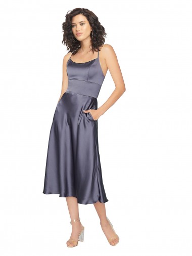 A-Linien Scoop Midi Seidiger Satin Kurze Brautjungfernkleider / Abiballkleider / Cocktailkleider / Heimkehr Kleider Kaufen