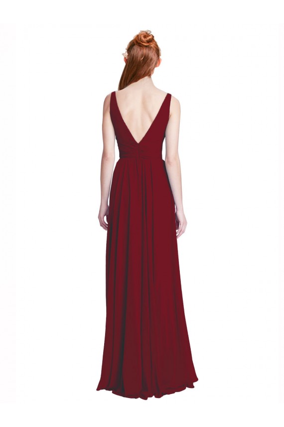 Burgunderrot A-Linien V-Ausschnitt Chiffon Lange Brautjungfernkleider Kaufen