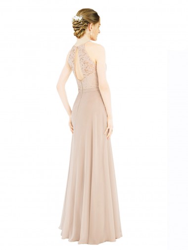 Champagner A-Linien Neckholder Stehkragen Ausschnitt Chiffon Spitze Lange Brautjungfernkleider / Abiballkleider Kaufen