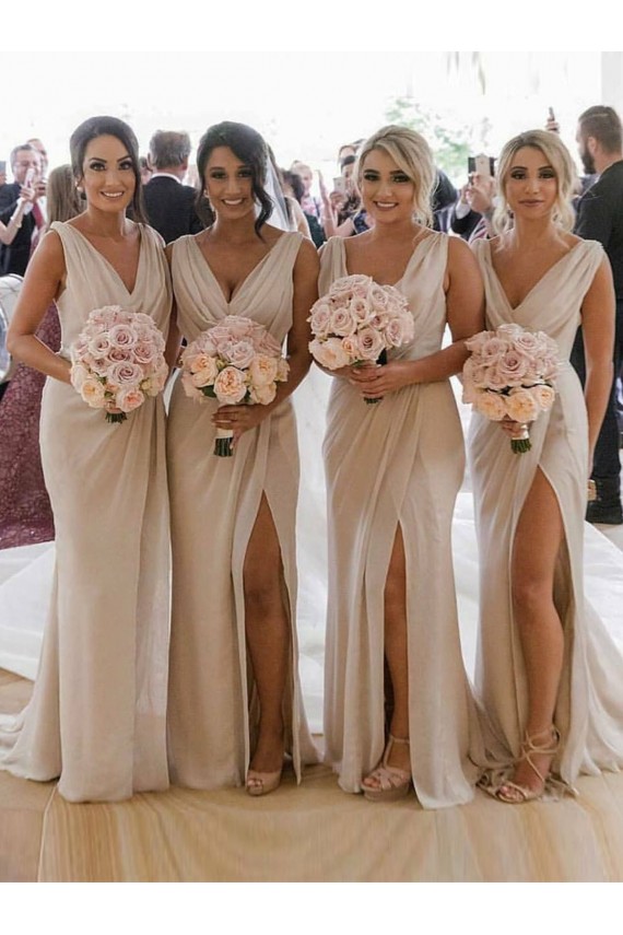 Champagner A-Linien V-Ausschnitt Chiffon Lange Brautjungfernkleider Kaufen