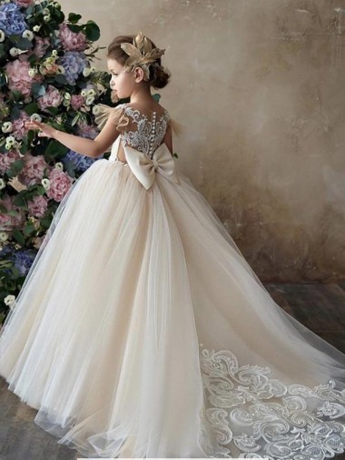 Champagner Prinzessin Kapelle-schleppe Tüll Spitze Lange Blumenmädchenkleider Kaufen
