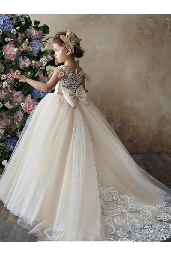 Champagner Prinzessin Kapelle-schleppe Tüll Spitze Lange Blumenmädchenkleider Kaufen