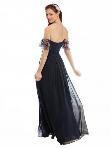 Dunkelmarine A-Linien Off-Schulter V-Ausschnitt Chiffon Spitze Lange Brautjungfernkleider Kaufen