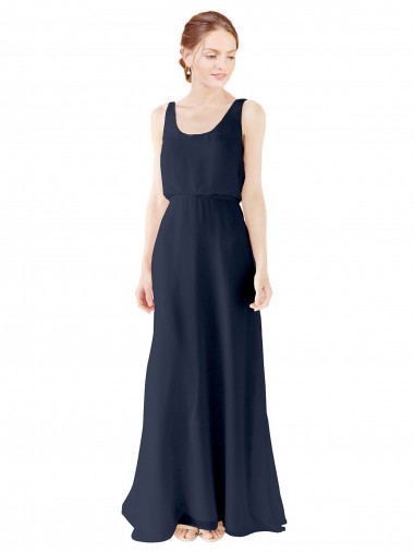 Dunkelmarine A-Linien Scoop Chiffon Lange Brautjungfernkleider Kaufen