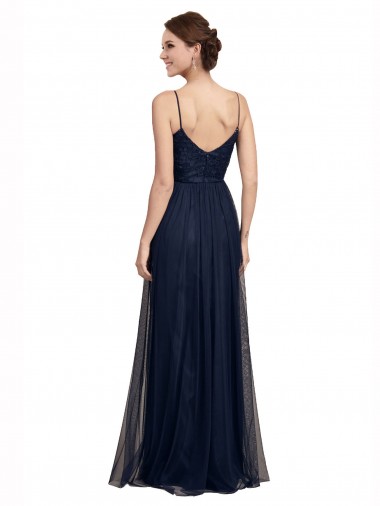 Dunkelmarine A-Linien Spaghetti-Träger Tüll Spitze Lange Brautjungfernkleider Kaufen