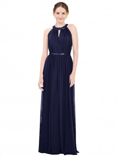 Dunkelmarine A-Linien Stehkragen Ausschnitt Chiffon Lange Brautjungfernkleider Kaufen