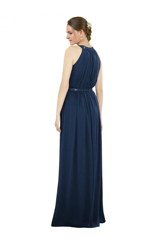 Dunkelmarine A-Linien Stehkragen Ausschnitt Chiffon Lange Brautjungfernkleider Kaufen