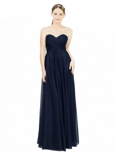 Dunkelmarine A-Linien Trägerlos Chiffon Lange Brautjungfernkleider Kaufen