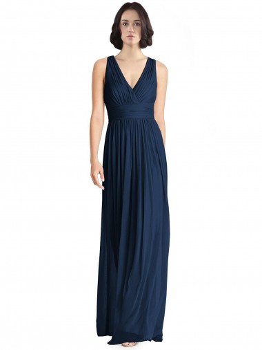 Dunkelmarine A-Linien V-Ausschnitt Chiffon Lange Brautjungfernkleider Kaufen
