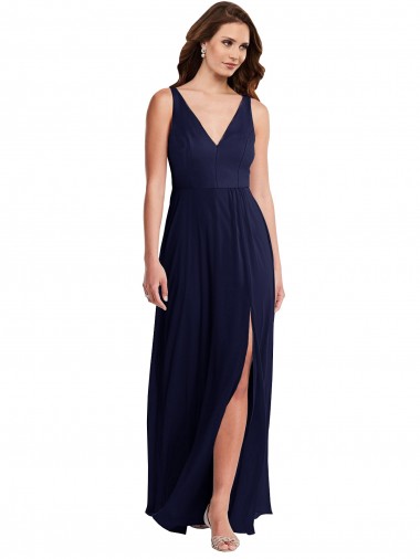 Dunkelmarine A-Linien V-Ausschnitt Chiffon Lange Brautjungfernkleider Kaufen