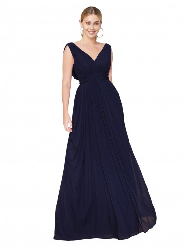 Dunkelmarine A-Linien V-Ausschnitt Chiffon Lange Formale Brautjungfernkleider / Abendkleider / Abiballkleider Kaufen