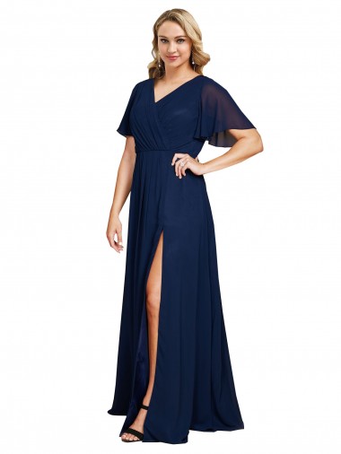 Dunkelmarine A-Linien V-Ausschnitt Chiffon Lange Formale Brautjungfernkleider / Abendkleider / Abiballkleider Kaufen