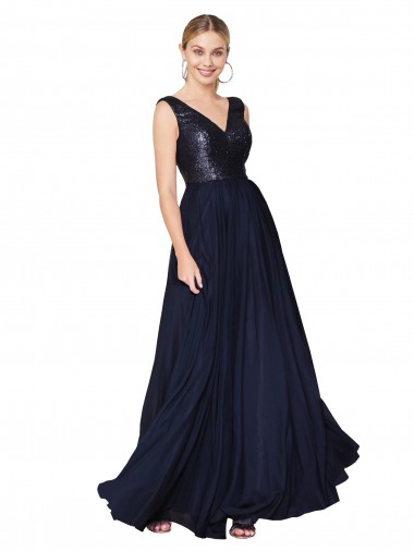 Dunkelmarine A-Linien V-Ausschnitt Chiffon Paillette Lange Brautjungfernkleider / Abiballkleider Kaufen
