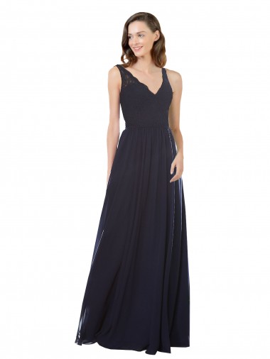 Dunkelmarine A-Linien V-Ausschnitt Chiffon Spitze Lange Brautjungfernkleider Kaufen