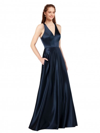 Dunkelmarine A-Linien V-Ausschnitt Satin Lange Formale Brautjungfernkleider / Abendkleider / Abiballkleider Kaufen