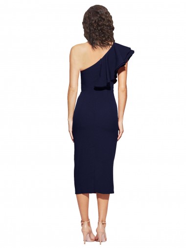 Dunkelmarine Etui Eine-Schulter Midi Strech-Krepp Kurze Formale Brautjungfernkleider / Abendkleider / Abiballkleider / Cocktailkleider / Heimkehr Kleider Kaufen
