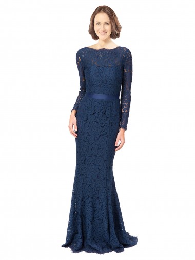 Dunkelmarine Meerjungfrau Juwel Ausschnitt Sweep Zug Spitze Lange Brautjungfernkleider Kaufen