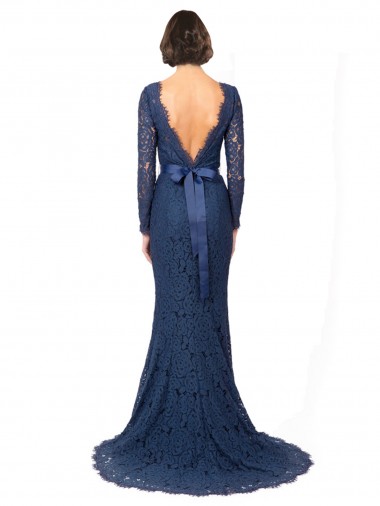 Dunkelmarine Meerjungfrau Juwel Ausschnitt Sweep Zug Spitze Lange Brautjungfernkleider Kaufen