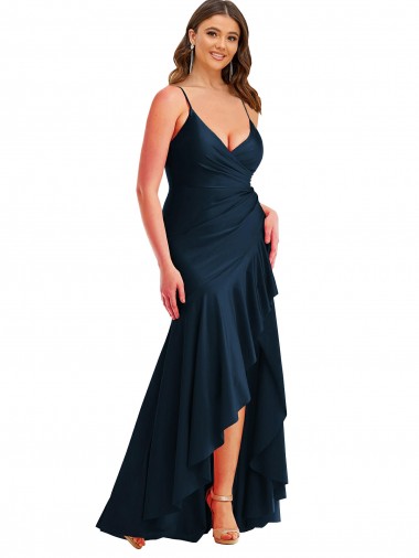 Dunkelmarine Meerjungfrau Spaghetti-Träger Seidiger Satin Lange Formale Brautjungfernkleider / Abendkleider / Abiballkleider Kaufen