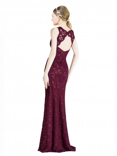 Dunkler Burgunder A-Linien Illusion Ausschnitt Stehkragen Ausschnitt Spitze Lange Brautjungfernkleider / Abiballkleider Kaufen
