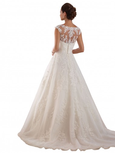 Elfenbein A-Linien Illusion Ausschnitt Kapelle-schleppe Tüll Spitze Klassisch Brautkleider Kaufen