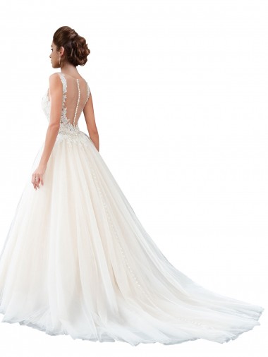 Elfenbein A-Linien Illusion Ausschnitt Kathedrale Schleppe Tüll Spitze Strand Brautkleider Kaufen