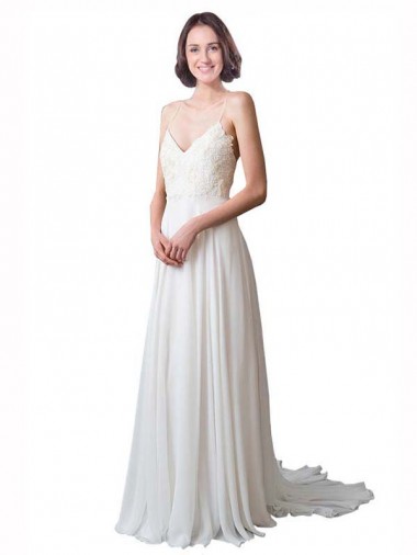 Elfenbein A-Linien Spaghetti-Träger V-Ausschnitt Kapelle-schleppe Chiffon Spitze Strand Brautkleider Kaufen