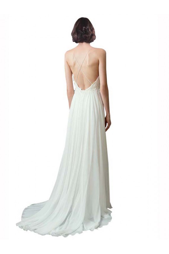 Elfenbein A-Linien Spaghetti-Träger V-Ausschnitt Kapelle-schleppe Chiffon Spitze Strand Brautkleider Kaufen
