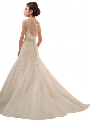 Elfenbein A-Linien V-Ausschnitt Kapelle-schleppe Tüll Spitze Brautkleider Kaufen