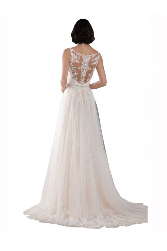 Elfenbein & Champagner A-Linien Illusion Ausschnitt Sweep Zug Tüll Boho Brautkleider Kaufen
