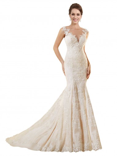 Elfenbein & Champagner Meerjungfrau Illusion Ausschnitt Kapelle-schleppe Spitze Brautkleider Kaufen
