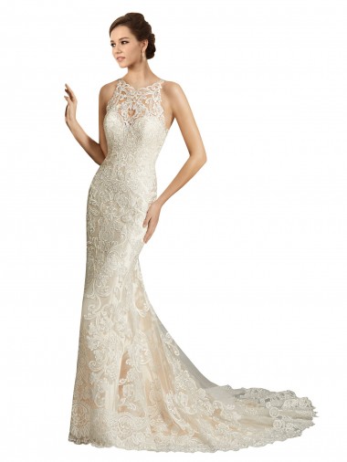 Elfenbein & Champagner Meerjungfrau Illusion Ausschnitt Kapelle-schleppe Tüll Spitze Klassisch Brautkleider Kaufen