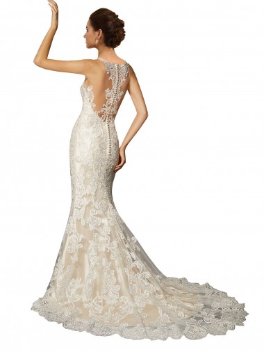 Elfenbein & Champagner Meerjungfrau Illusion Ausschnitt Kapelle-schleppe Tüll Spitze Klassisch Brautkleider Kaufen