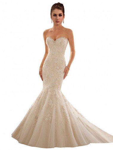 Elfenbein & Champagner Meerjungfrau Kapelle-schleppe Tüll Spitze Brautkleider Kaufen