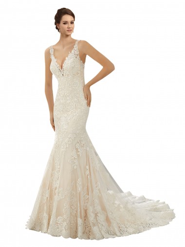 Elfenbein & Champagner Meerjungfrau V-Ausschnitt Kapelle-schleppe Spitze Brautkleider Kaufen