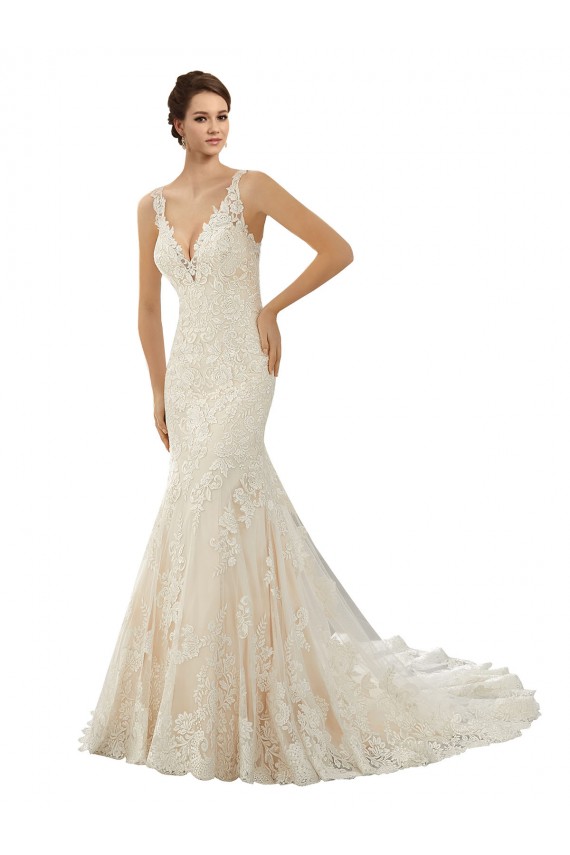Elfenbein & Champagner Meerjungfrau V-Ausschnitt Kapelle-schleppe Spitze Brautkleider Kaufen