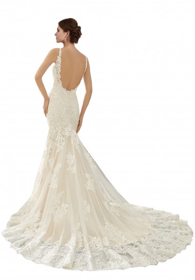 Elfenbein & Champagner Meerjungfrau V-Ausschnitt Kapelle-schleppe Spitze Brautkleider Kaufen