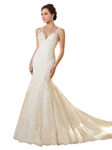 Elfenbein & Champagner Meerjungfrau V-Ausschnitt Kapelle-schleppe Tüll Spitze Brautkleider Kaufen