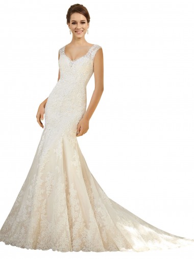 Elfenbein & Champagner Meerjungfrau V-Ausschnitt Kapelle-schleppe Tüll Spitze Brautkleider Kaufen