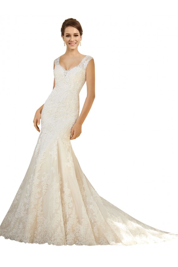 Elfenbein & Champagner Meerjungfrau V-Ausschnitt Kapelle-schleppe Tüll Spitze Brautkleider Kaufen