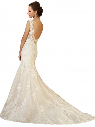 Elfenbein & Champagner Meerjungfrau V-Ausschnitt Kapelle-schleppe Tüll Spitze Brautkleider Kaufen