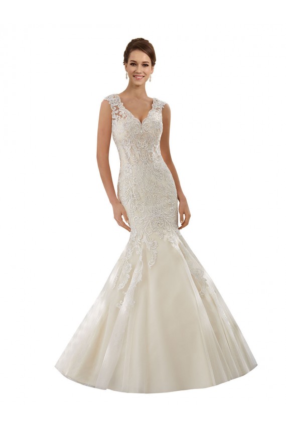 Elfenbein & Champagner Meerjungfrau V-Ausschnitt Kapelle-schleppe Tüll Spitze Brautkleider Kaufen