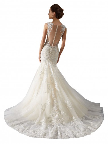 Elfenbein & Champagner Meerjungfrau V-Ausschnitt Kapelle-schleppe Tüll Spitze Brautkleider Kaufen