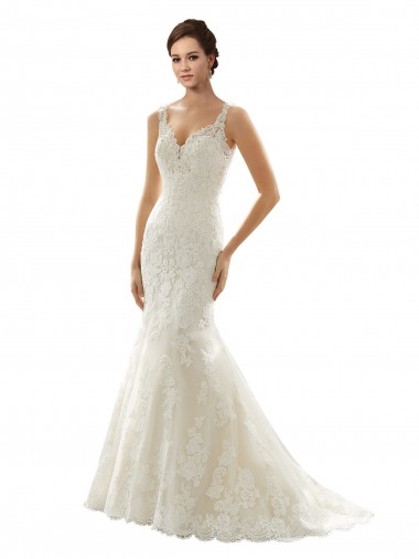 Elfenbein & Champagner Meerjungfrau V-Ausschnitt Kapelle-schleppe Tüll Spitze Brautkleider Kaufen