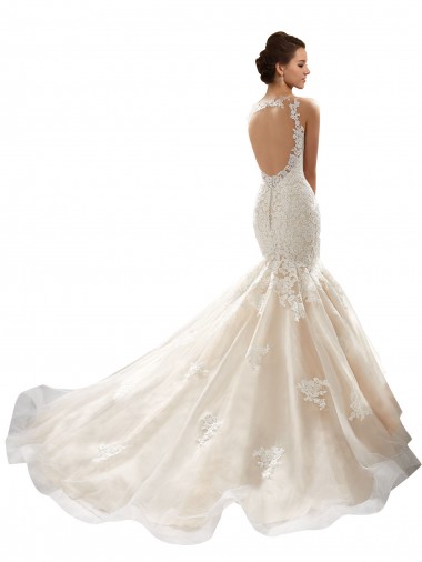 Elfenbein & Champagner Meerjungfrau V-Ausschnitt Kapelle-schleppe Tüll Spitze Klassisch Brautkleider Kaufen