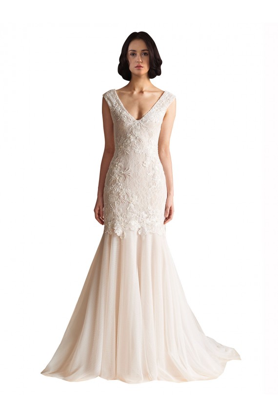 Elfenbein & Champagner Meerjungfrau V-Ausschnitt Sweep Zug Tüll Brautkleider Kaufen