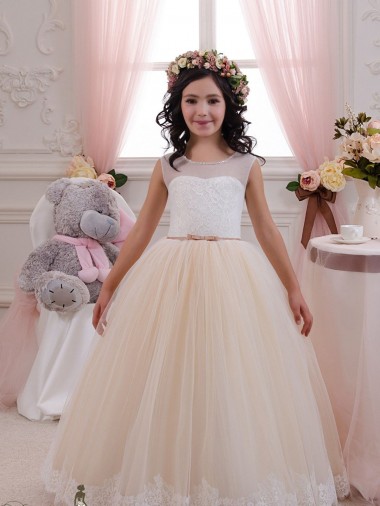 Elfenbein & Champagner Prinzessin Tüll Spitze Lange Blumenmädchenkleider Kaufen