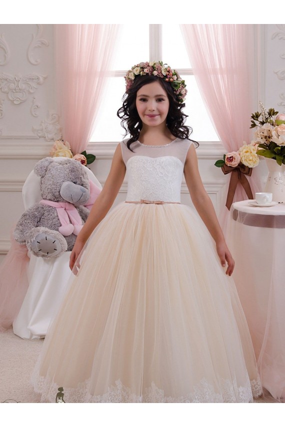 Elfenbein & Champagner Prinzessin Tüll Spitze Lange Blumenmädchenkleider Kaufen
