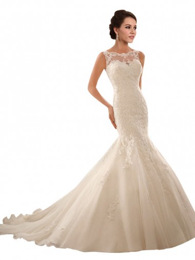 Elfenbein Meerjungfrau Illusion Ausschnitt Kapelle-schleppe Tüll Spitze Brautkleider Kaufen