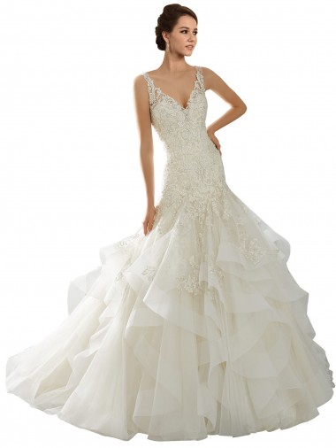 Elfenbein Meerjungfrau V-Ausschnitt Kapelle-schleppe Tüll Brautkleider Kaufen